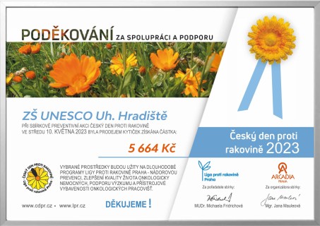 ZŠ UNESCO obdržela certifikát za podporu květnové sbírky Český den proti rakovině