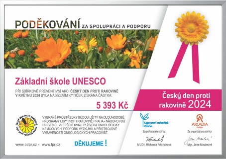 ZŠ UNESCO obdržela certifikát za podporu květnové sbírky Český den proti rakovině