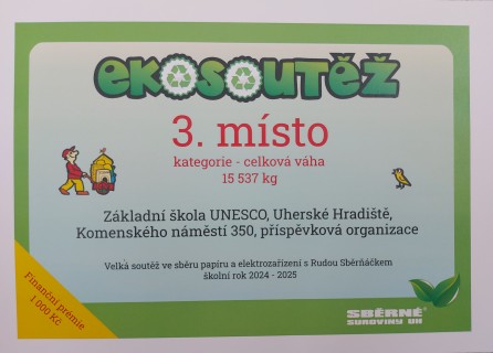 3. místo pro ZŠ UNESCO v Ekosoutěži škol 2024/25
