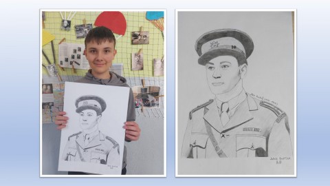 Žák 8.B Jakub Ondříšek namaloval portrét parašutisty Jana Kubiše